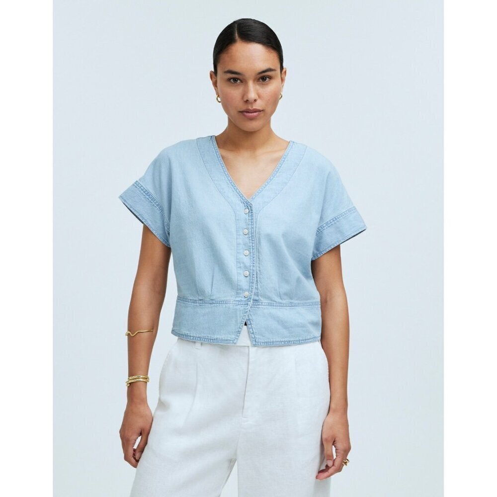 Madewell Womens XXS Chambray Pleated Short-Sleeve Top in Doral Wash NP039 2653
